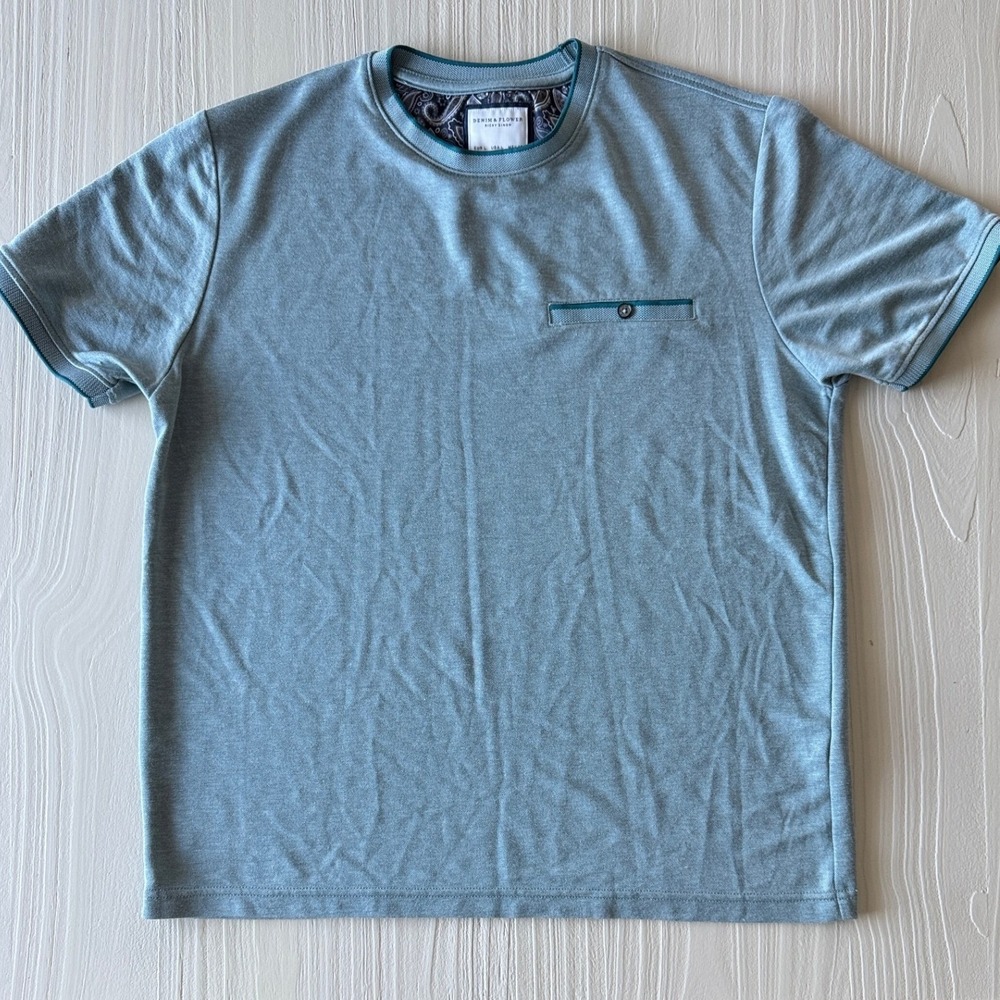 Denim & Flower Ricky Singh Mens Teal Blue Short Sleeve Pocket T-Shirt Large